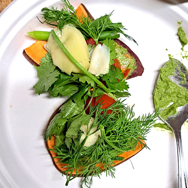 Light Herby Pesto and Tomato Sweet Potato Crostinis