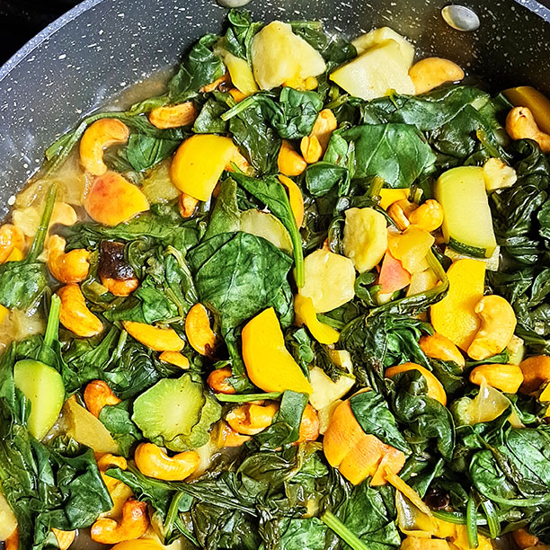 Watery Spinach, Summer Squash, and Stone Fruit Sauté