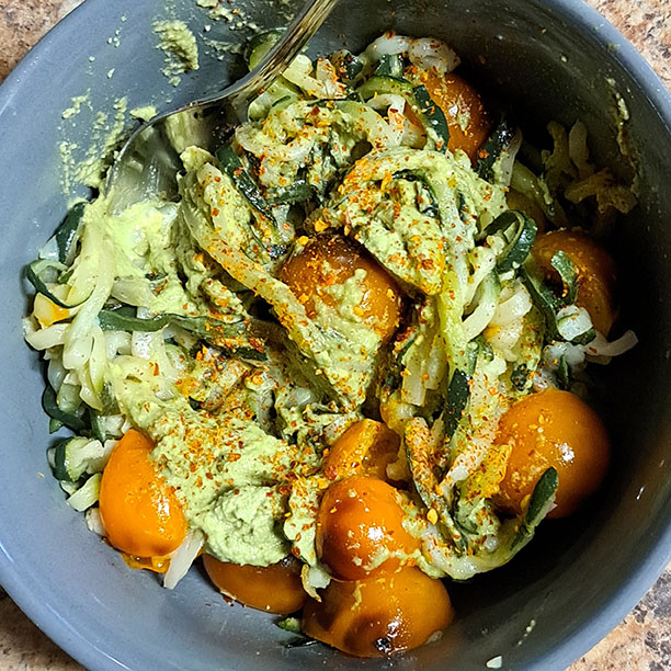 Basil Pine Nut Zucchini Noodles with Tiki Tomatoes