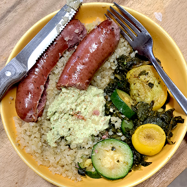 Watery-Earthy Spiced Sausage & Greens Plate with Zesty Pineapple Cream